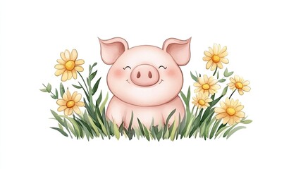Cute cartoon pig sitting among cheerful yellow flowers in a bright, sunny environment