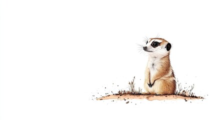 A curious meerkat observing its surroundings in a serene desert landscape