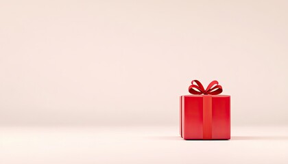 A beautifully wrapped red gift box with a bow, set against a soft, neutral background