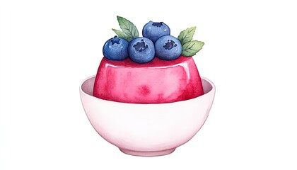 A vibrant dessert featuring a glossy berry jelly topped with fresh blueberries and mint leaves