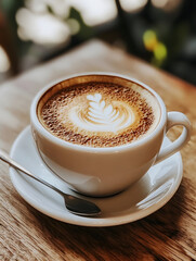 Obraz premium Artfully Crafted Latte Coffee in Cute Mug with Foam Art on Wooden Table : Generative AI