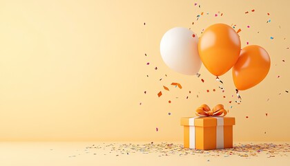 Colorful balloons and a gift box on a vibrant background, celebrating a festive occasion