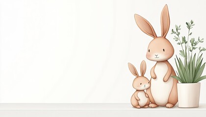 Cute illustrated bunnies standing beside a potted plant on a minimalist background