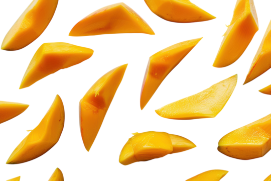Vibrant mango slices artfully arranged on a clean white background, showcasing nature's bright colors in the afternoon light isolated on transparent background
