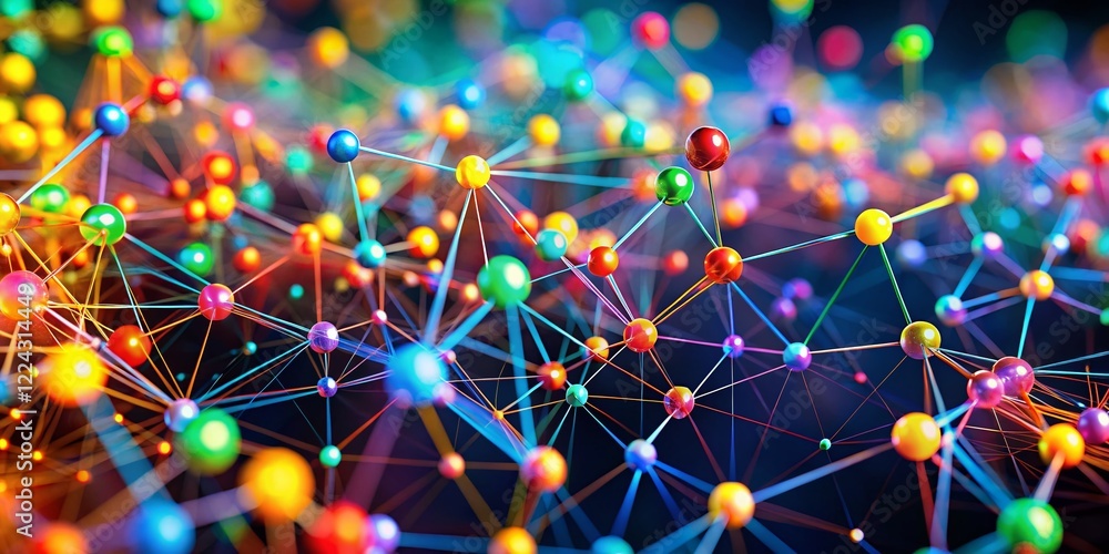 Poster abstract colorful nodes and lines network connection, bokeh background, digital technology concept