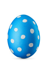 Blue polka-dotted Easter egg isolated. Handmade painted decoration. Transparent PNG image.