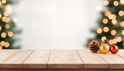 Festive wooden table with pinecones and ornaments, set against a blurred Christmas tree backdrop