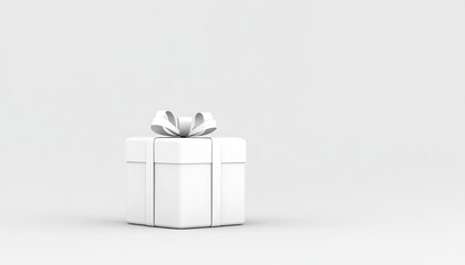 A pristine white gift box with a silver ribbon on a minimalist background, symbolizing celebration