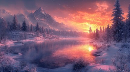 Serene winter landscape at sunset, showcasing mountains and a reflective river with trees