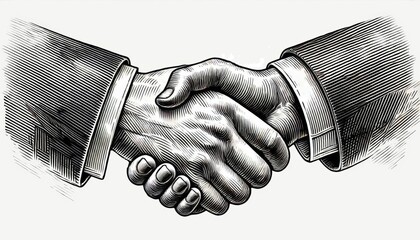 handshake between two businessmen  antique  hand-drawn vintage illustration . engraving style 