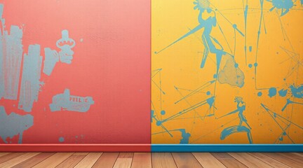 Vibrant mural with red and yellow panels featuring abstract blue patterns on a wooden floor