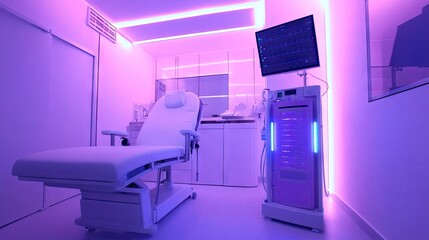 A modern treatment room featuring a biostimulator machine next to a comfortable treatment chair and soft lighting.
