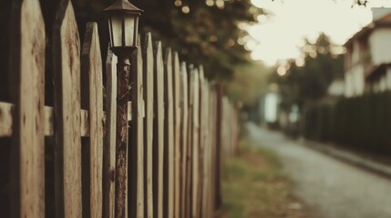 Obraz premium Rustic wooden fence with a small lamp post, beside a quiet residential street at sunset.