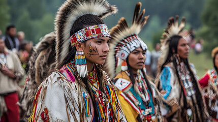 Fototapeta premium Colorful Native American Powwow with People in Traditional Ceremonial Attire : Generative AI