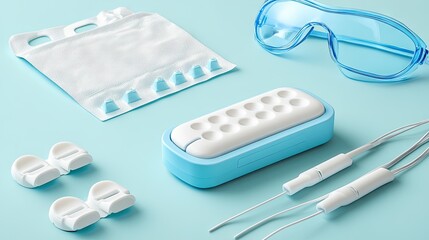 A professional treatment setup with a biostimulator device, safety goggles, and sterile packaging.