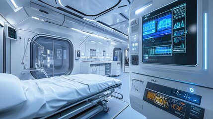 Obraz premium A side view of a portable biostimulator in a futuristic clinic setting.