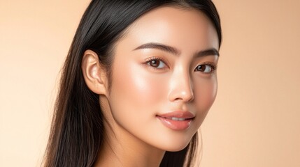 Fototapeta premium Captivating presence of an Asian model with long, straight hair reflects natural beauty and confidence, illuminated by soft, warm tones in a serene setting