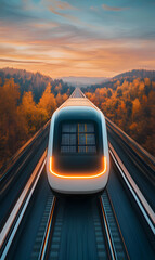 Futuristic train journey autumn landscape digital art scenic view high-tech transport concept