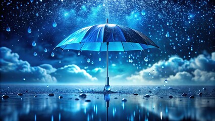 Night Rain: Blue Cloud Umbrella, Detailed Raindrops, Dark Background