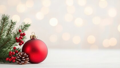 Obraz premium Festive Christmas decoration featuring a red ornament, pinecones, and berries with a blurred background