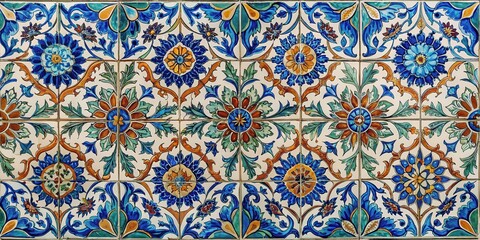 Traditional Turkish ceramic tiles with intricate floral patterns featuring golden accents and muted earthy tones, tone, earthy