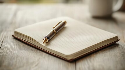 Elegant Pen Resting on Open Notebook Awaiting Inspiration and New Ideas on a Table