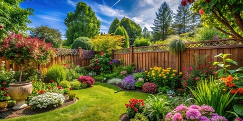 A lush and colorful garden surrounded by a wooden fence in a summer backyard patio on a warm and sunny day with a variety of plants and trees blooming , colorful plants, wooden fence