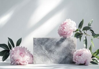 A surrealist-style composition, featuring a podium with pink peonies on the right side, set against a gray stone and white background, in a minimalist style. 3D rendering, 
