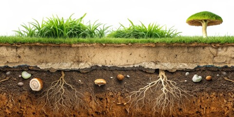 Obraz premium Soil layer with visible roots and fungi in a cross-section , nature, geology