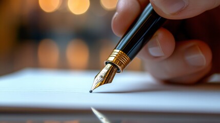 Close up shot of an elegant golden fountain pen writing on a white paper sheet