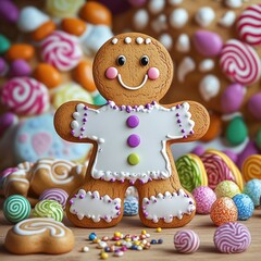 Obraz premium Coloring Book Illustration of a Cheerful Gingerbread Man Surrounded by Colorful Candies for Kids