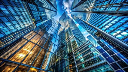 Obraz premium Panoramic Underside View Steel Blue Glass Skyscrapers - Industrial Architecture Long Exposure
