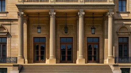 Obraz premium International court facade with grand architecture and flagpoles, symbolizing justice and global cooperation in resolving disputes.