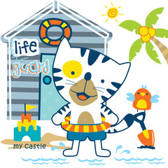 Cat lifeguard on beach with sandcastle, water, and playful summer elements. Beach fun concept
