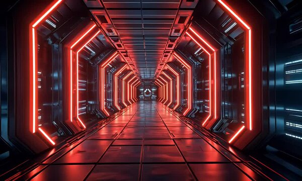 Red neon futuristic corridor, spaceship interior, glowing lights, travel background