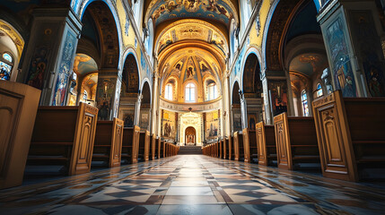Magnificent Cathedral Interior with Ornate Architectural Details : Generative AI