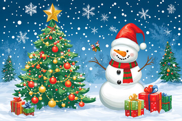 Christmas celebration with a decorated tree, gifts, and a snowman in flat design. Vector illustrations concept