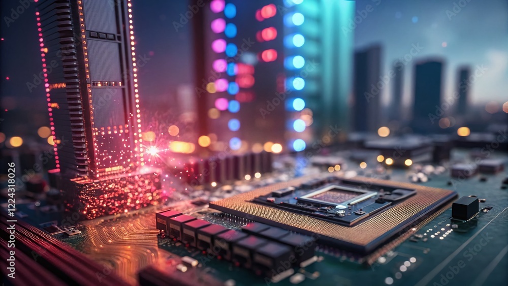 Poster abstract futuristic tech bokeh background: sparkling digital particles & glowing lights