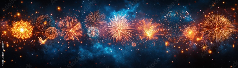 Poster vibrant fireworks display in night sky with blue background and bokeh effects