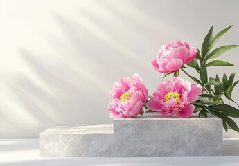 A surrealist-style composition, featuring a podium with pink peonies on the right side, set against a gray stone and white background, in a minimalist style. 3D rendering, 