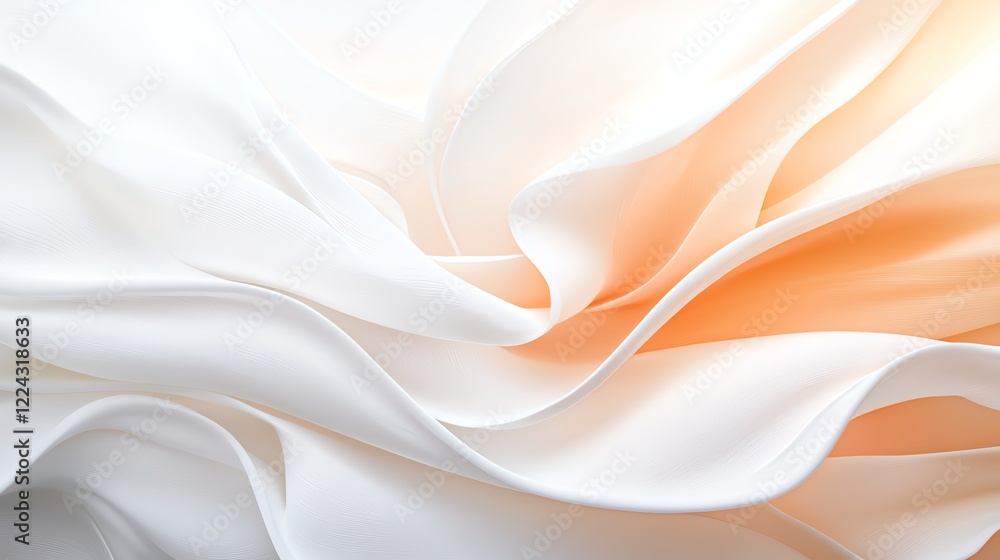 Poster abstract close-up of soft white and peach flowing fabric textures creating a serene, elegant, and dr