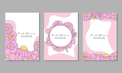 Set of vertical A4 postcards. Cute floral cards isolated on gray background. Pink delicate feminine backgrounds with flowers for printing. Backdrop for covers.