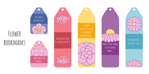 Set of vertical bookmarks. Cute floral bookmarks isolated on white background. Multicolored bright stickers dividers with flowers and quotes.