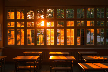 Warm sunlight streaming through classroom windows, illuminating empty desks in a serene setting