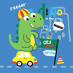 Cartoon dinosaur standing on car with playful urban elements. Children's design concept

