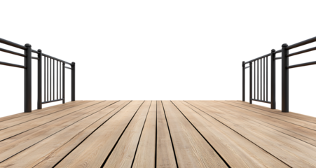 Empty wooden deck with red wall and railings.