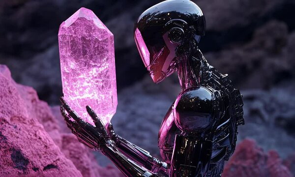 Robot examines glowing crystal, alien landscape