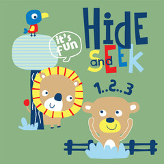 Fototapeta premium Cartoon lion and bear playing hide and seek with bird on tree. Fun game theme concept 