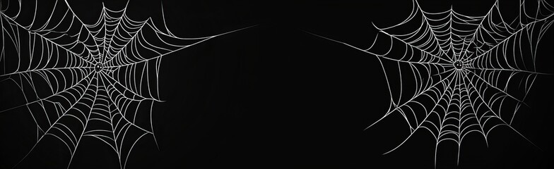 Two detailed spiderwebs on a black background.