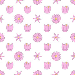 Seamless square pattern with flowers. Baby cute endless background on changeable white background. Pink girly pattern for clothes, wrapping paper, printing.